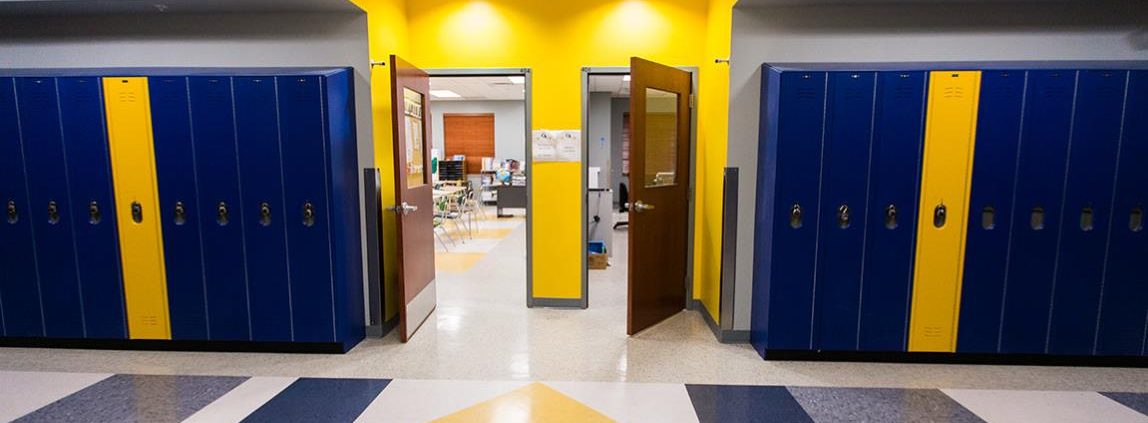 Bold Yellow and Blue School Hallway