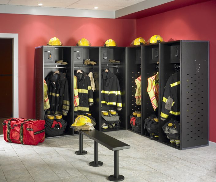 Black Emergency Response Tufftec Lockers Next To Red Wall