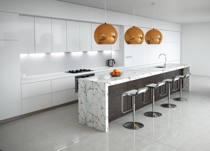 Contemporary minimal white kitchen with marble and wood details