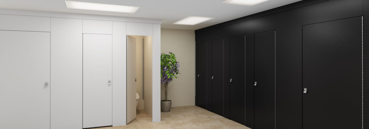 Black & White Aria Partitions in Commercial Restroom