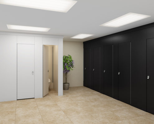 Black & White Aria Partitions in Commercial Restroom