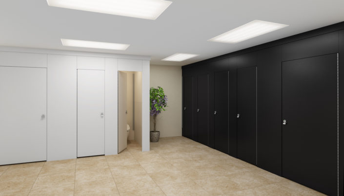 Black & White Aria Partitions in Commercial Restroom