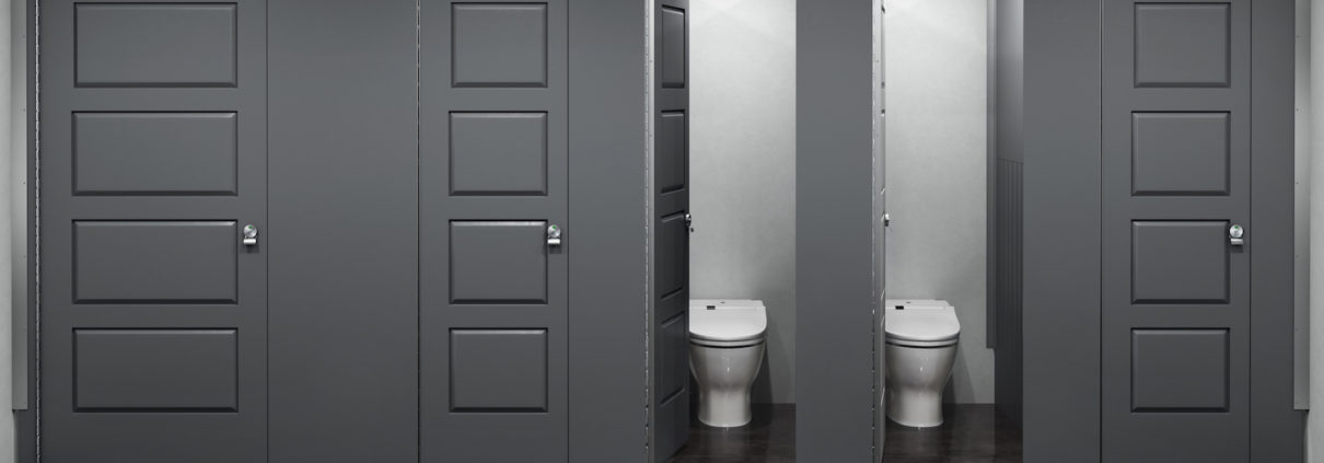 Charcoal Grey Aria Partitions in Industrial Restroom