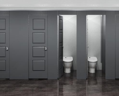 Charcoal Grey Aria Partitions in Industrial Restroom