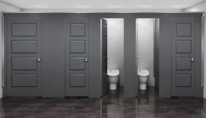 Charcoal Grey Aria Partitions in Industrial Restroom