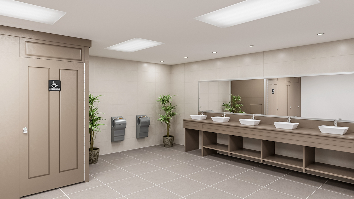 Scranton Products Ridge Series Commercial Restroom Vanities Featuring Aria Restroom Partitions