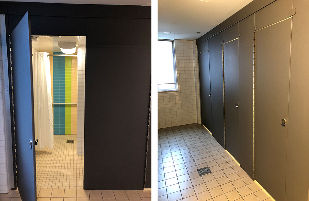 Two photos, one showing Aria Partition with door open, and other with row of doors closed